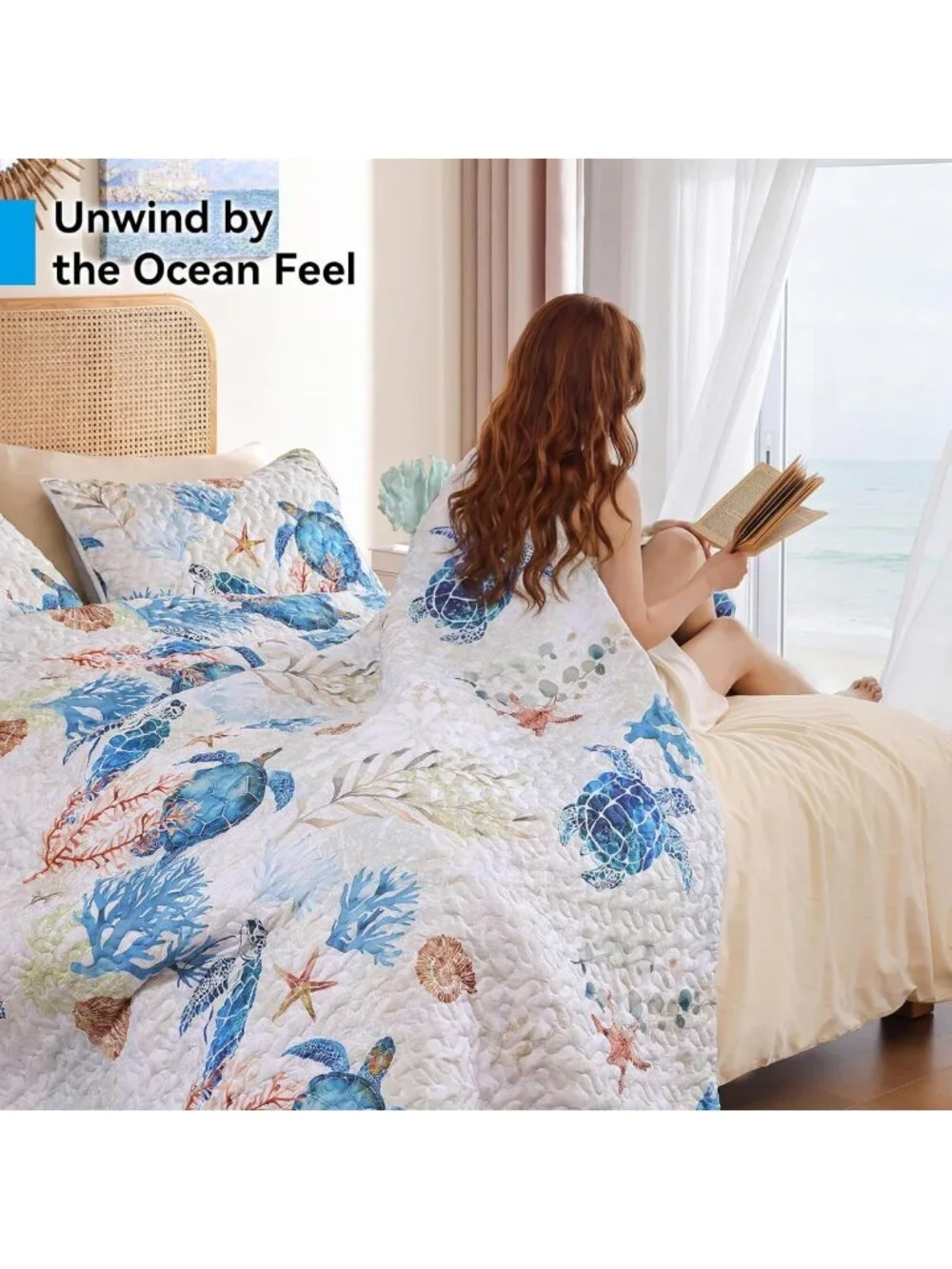 Coastal Sea Turtle King Quilt Set, Lightweight Summer Bedding, Beach House